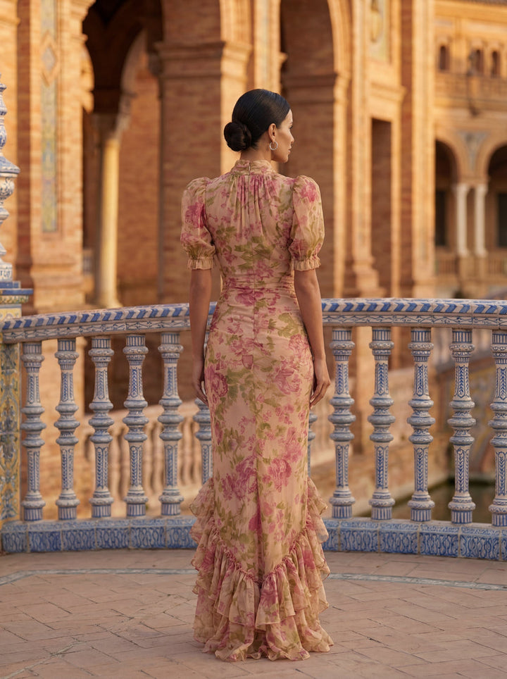 Rimina - Vestido Floral Elegante Com Folhos