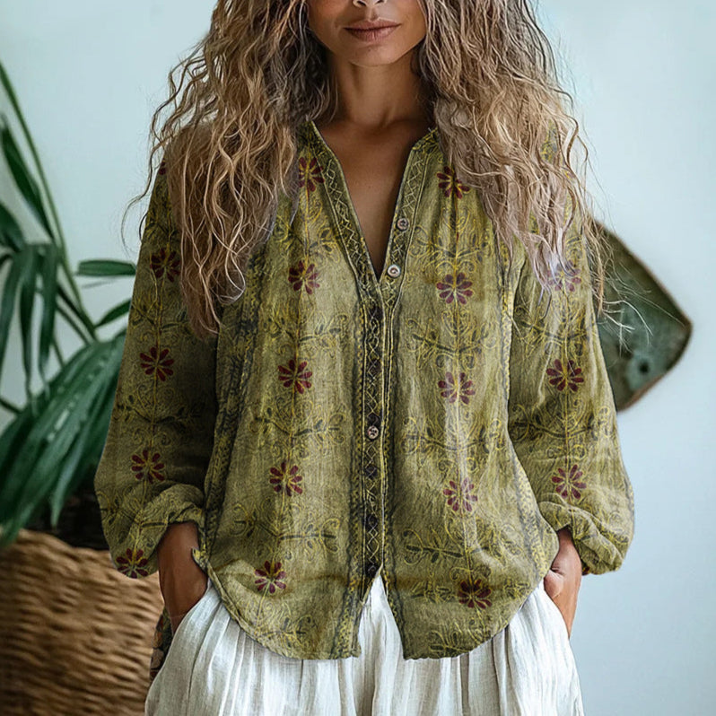 Ereinaa - Camisa Elegante Com Estampado Vintage De Folhas