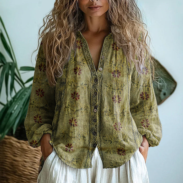Ereinaa - Camisa Elegante Com Estampado Vintage De Folhas