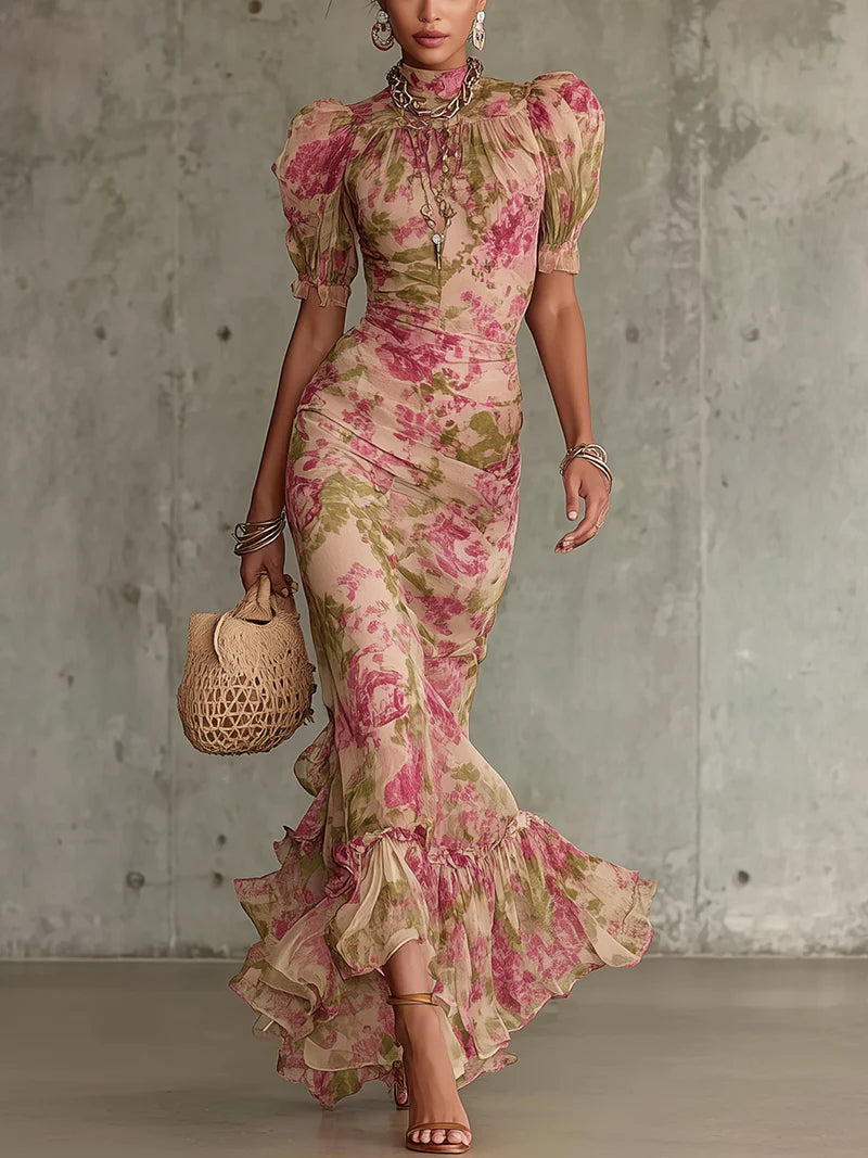 Erikka - Vestido Floral Em Chiffon Com Bainha Com Folhos