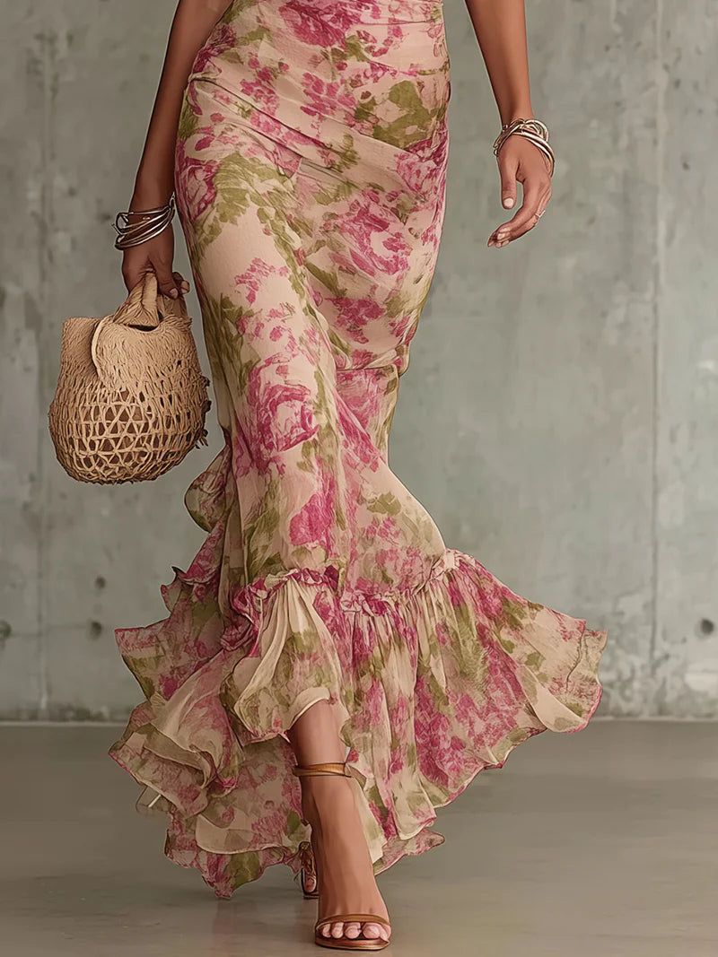 Erikka - Vestido Floral Em Chiffon Com Bainha Com Folhos