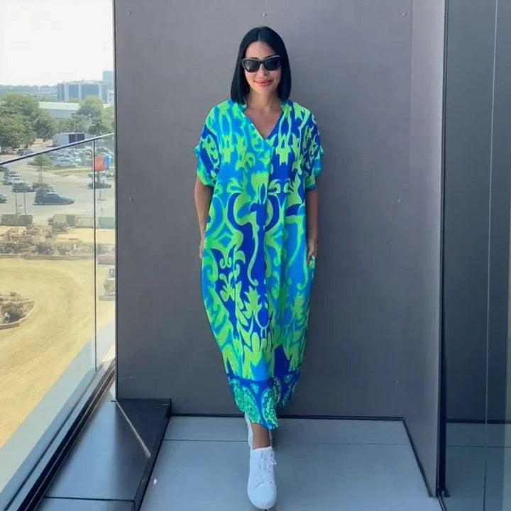 Gayathri - Vestido Maxi Elegante Com Padrão Floral e Decote em V