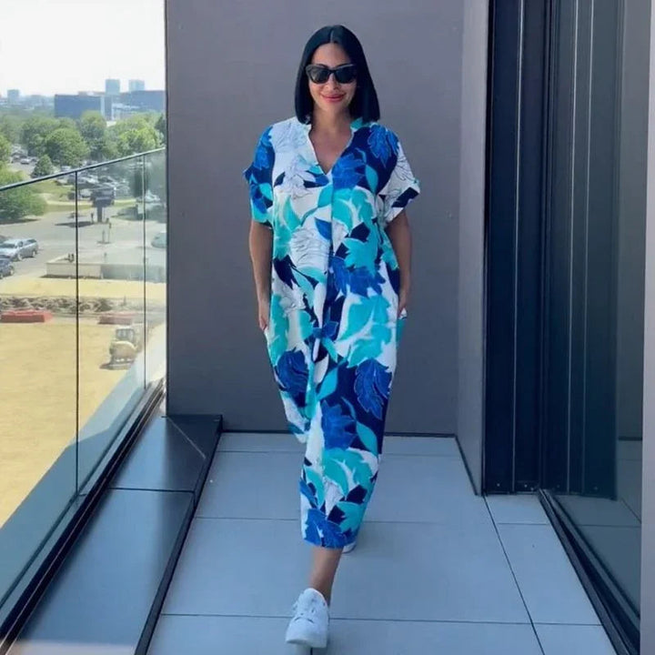 Gayathri - Vestido Maxi Elegante Com Padrão Floral e Decote em V
