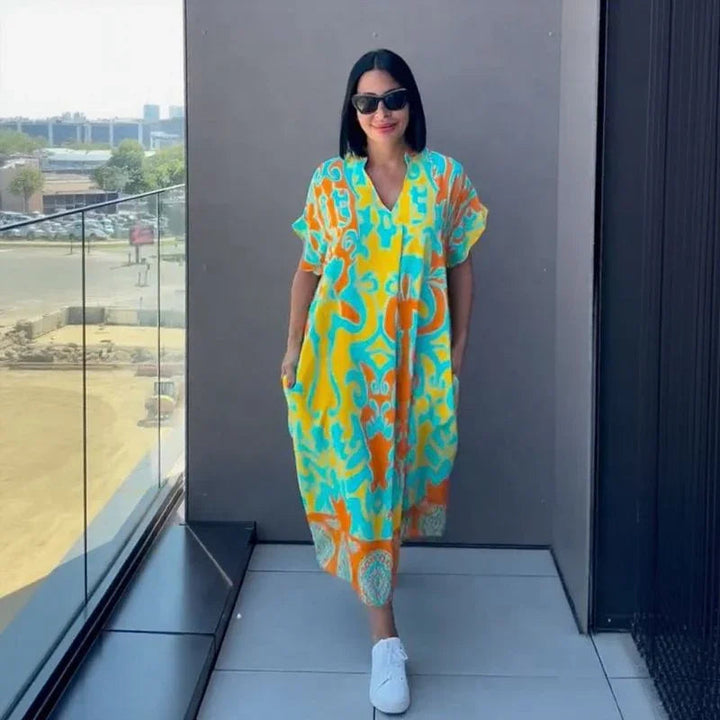 Gayathri - Vestido Maxi Elegante Com Padrão Floral e Decote em V