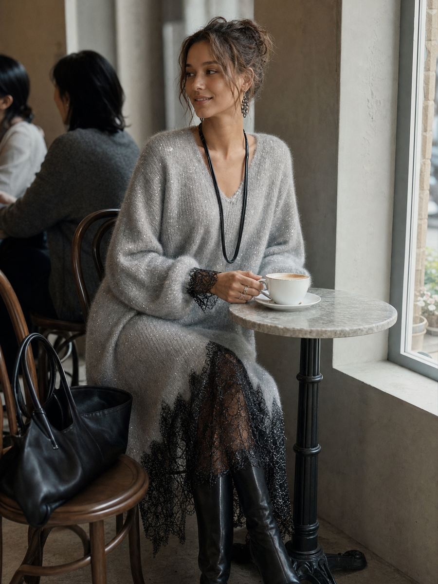 Samyra - Vestido Midi De Malha Com Renda