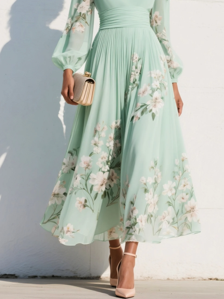 Evalyn - Vestido Máxi Plissado em Chiffon