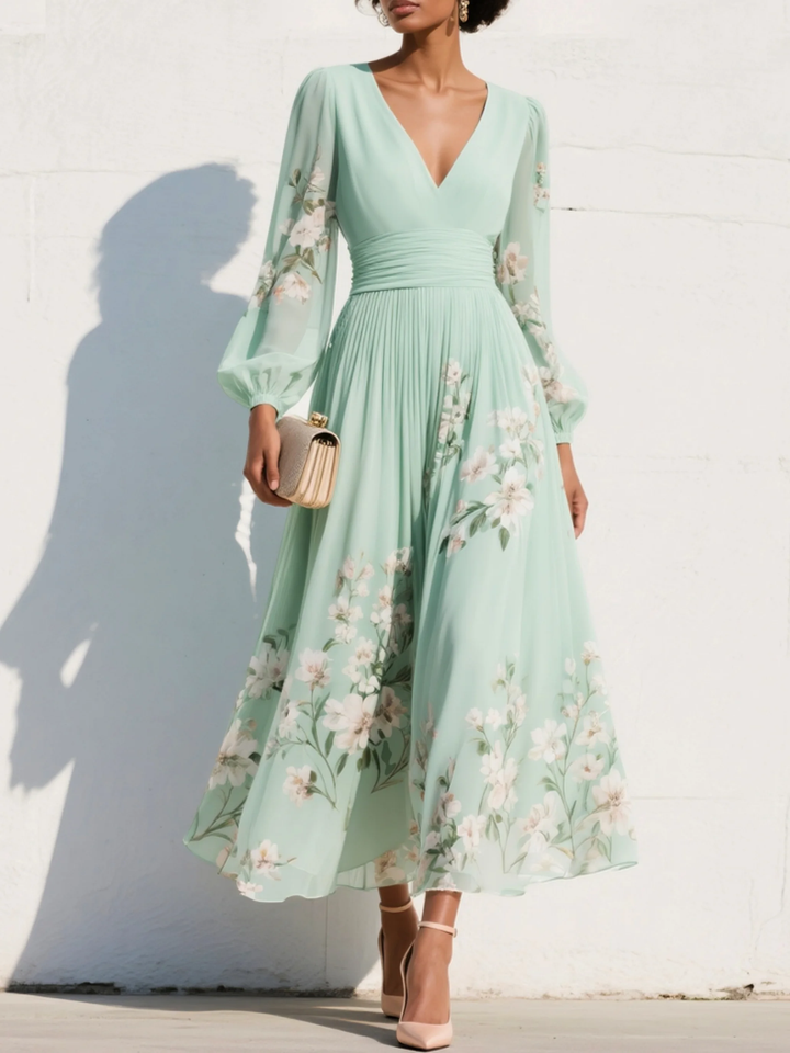 Evalyn - Vestido Máxi Plissado em Chiffon