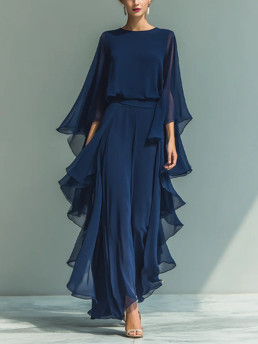 Elyssa - Conjunto Elegante De Chiffon Com Folhos