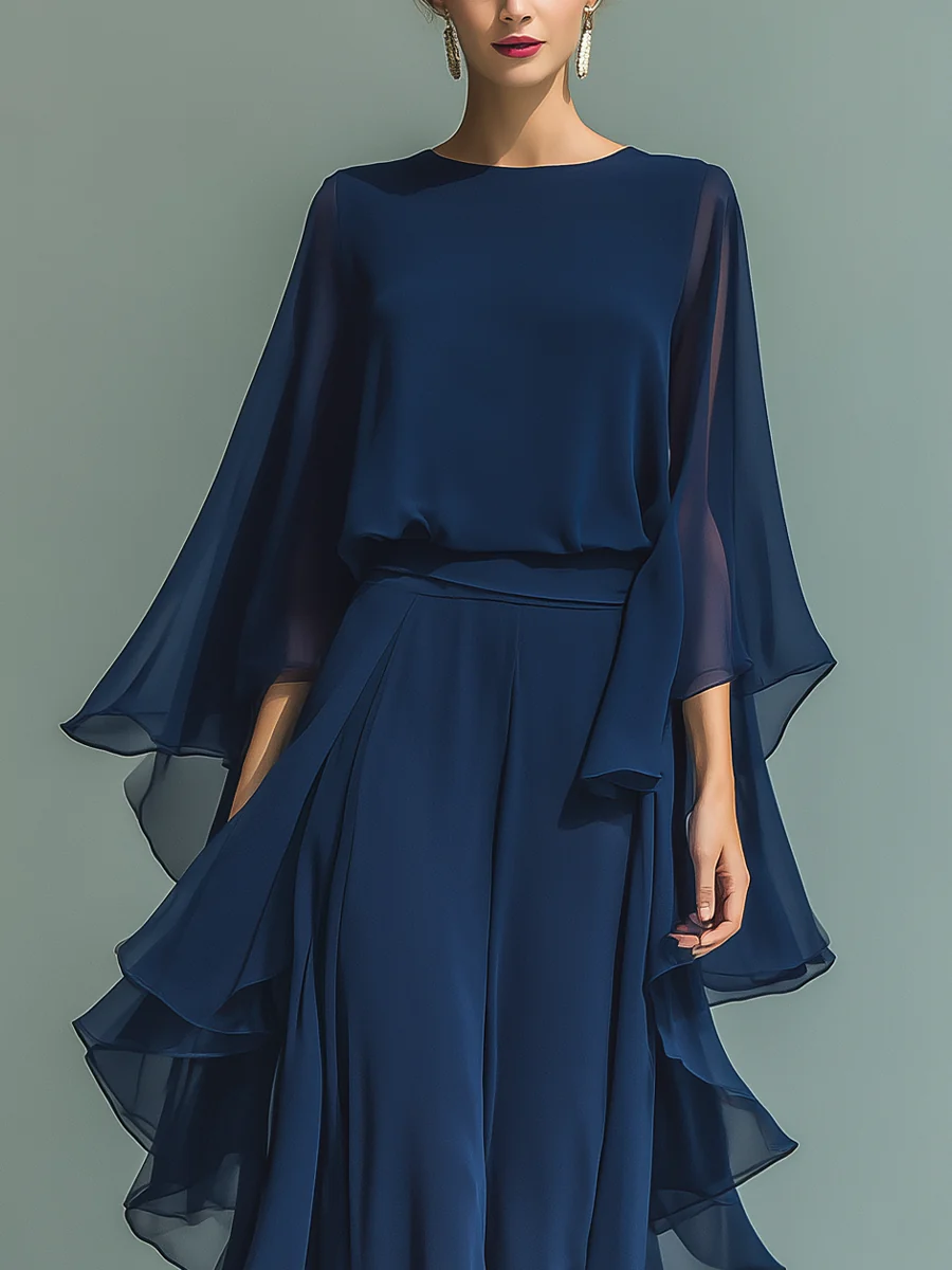 Elyssa - Conjunto Elegante De Chiffon Com Folhos
