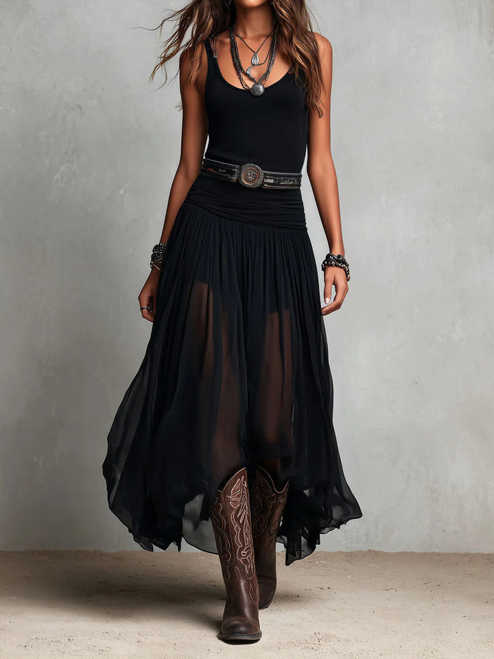 Odetta - Vestido Maxi Elegante Em Tule Com Cinto