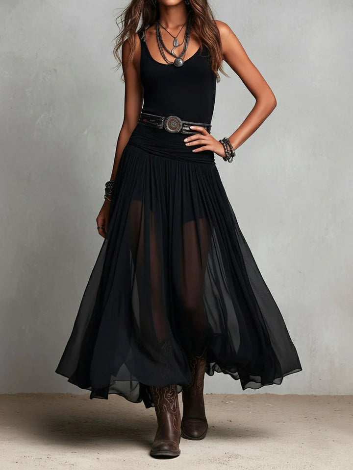 Odetta - Vestido Maxi Elegante Em Tule Com Cinto