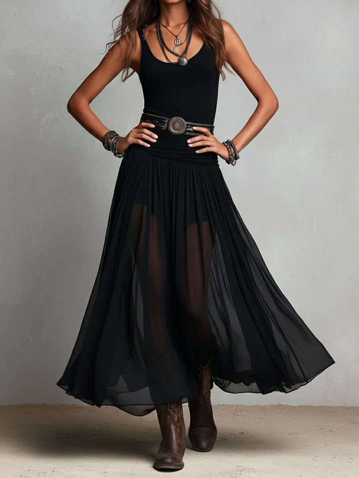 Odetta - Vestido Maxi Elegante Em Tule Com Cinto