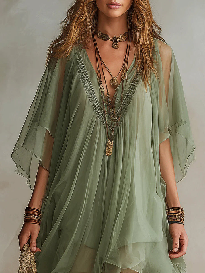Sadet - Mini-vestido Em Chiffon Cor De Salva Com Decote Em V