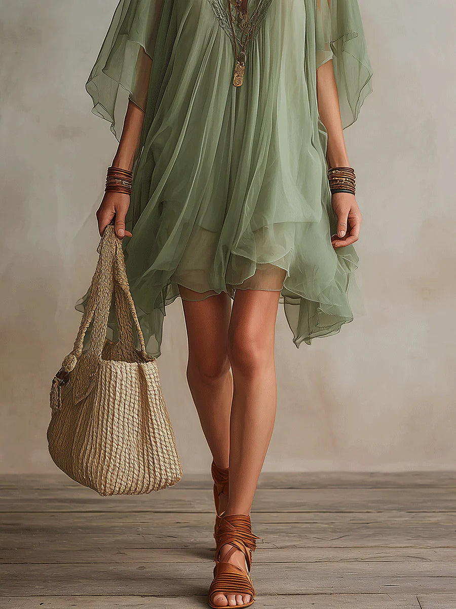 Sadet - Mini-vestido Em Chiffon Cor De Salva Com Decote Em V