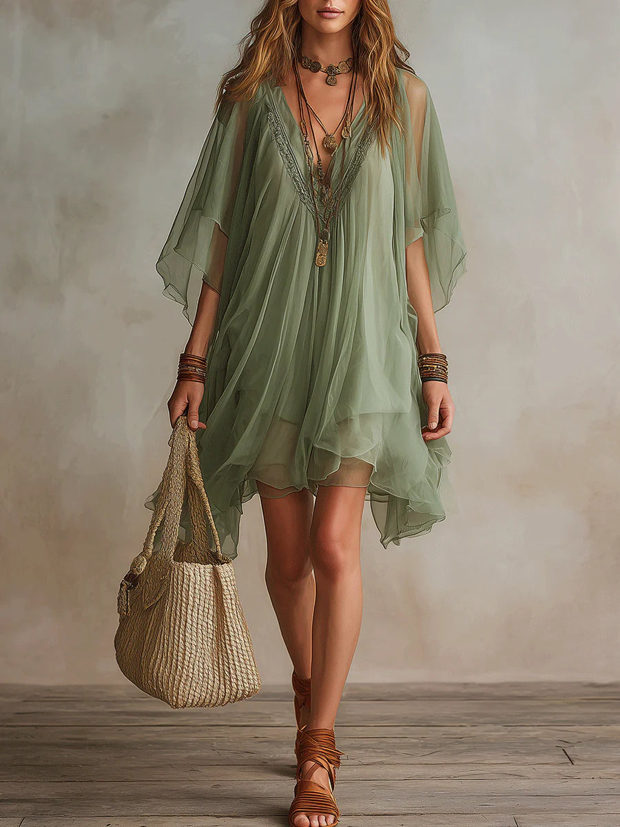 Sadet - Mini-vestido Em Chiffon Cor De Salva Com Decote Em V