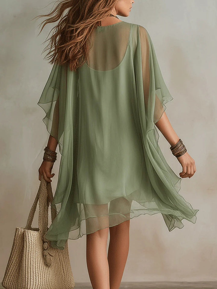 Sadet - Mini-vestido Em Chiffon Cor De Salva Com Decote Em V