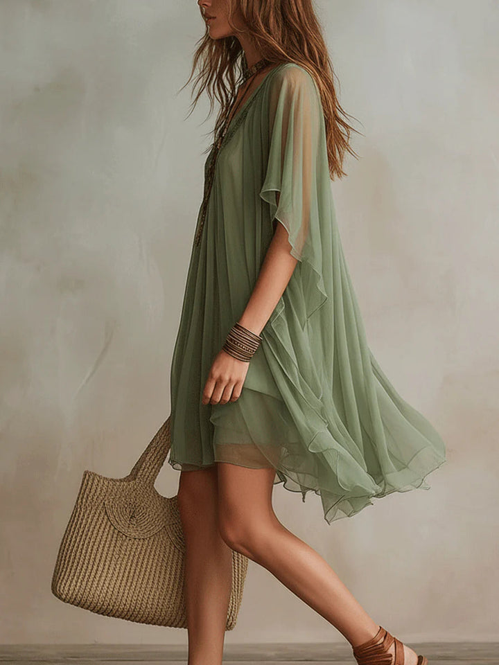 Sadet - Mini-vestido Em Chiffon Cor De Salva Com Decote Em V