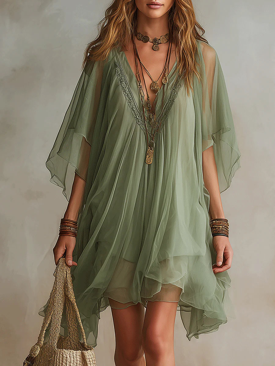 Sadet - Mini-vestido Em Chiffon Cor De Salva Com Decote Em V