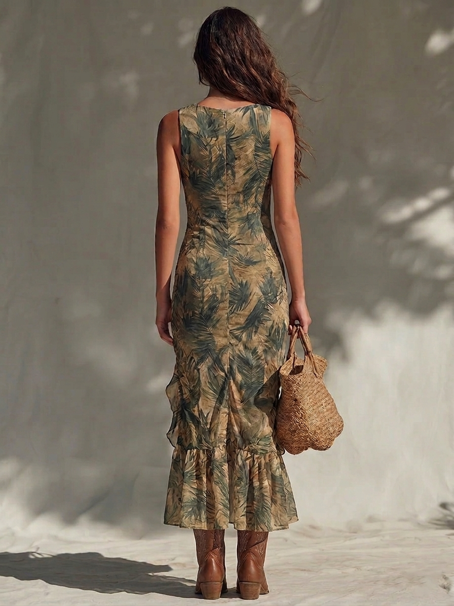 Neleza - Vestido Maxi Com Estampa Tropical e Fenda