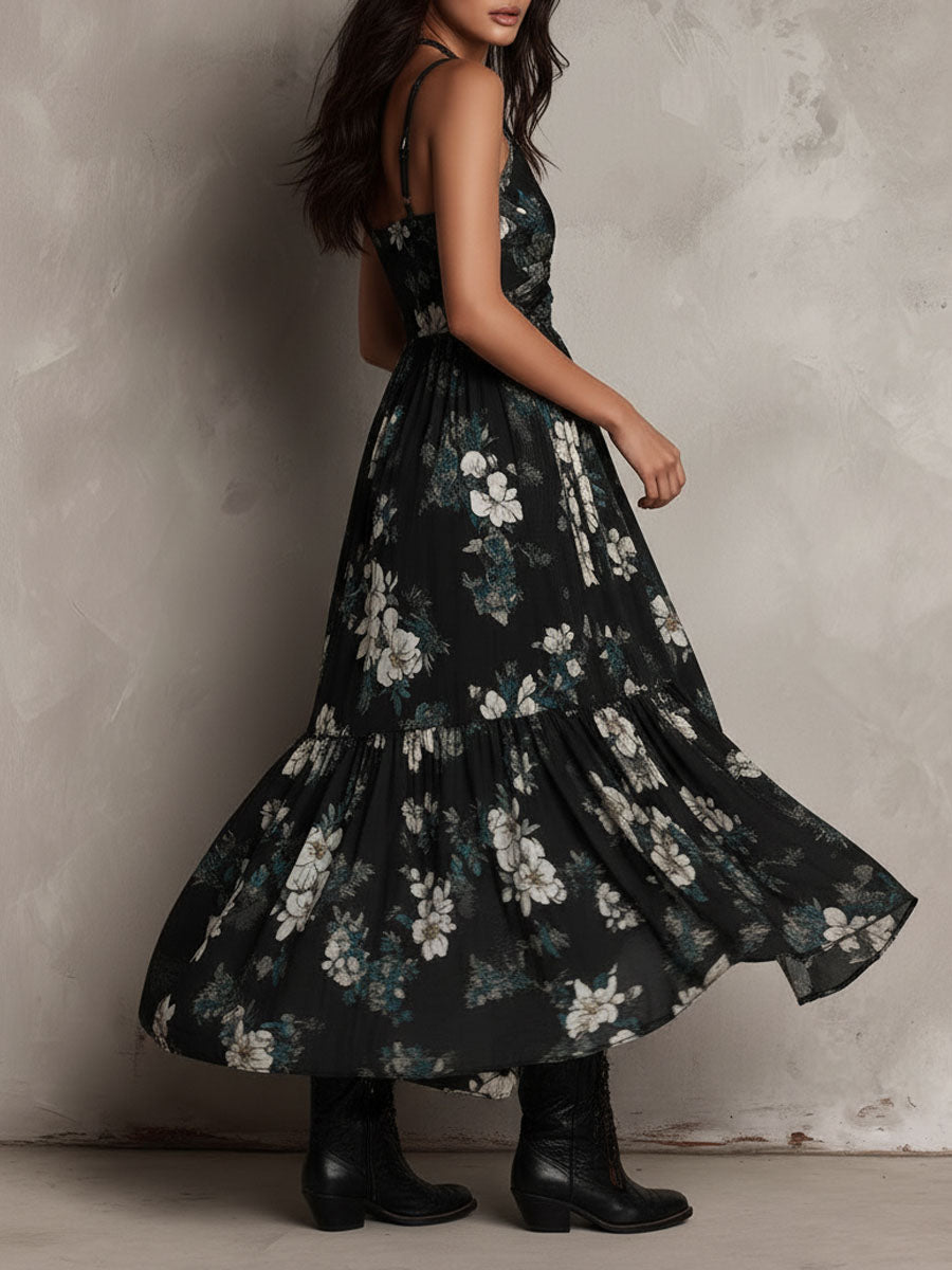 Meza - Vestido Maxi sem Alças Com Um Padrão Floral Boémio