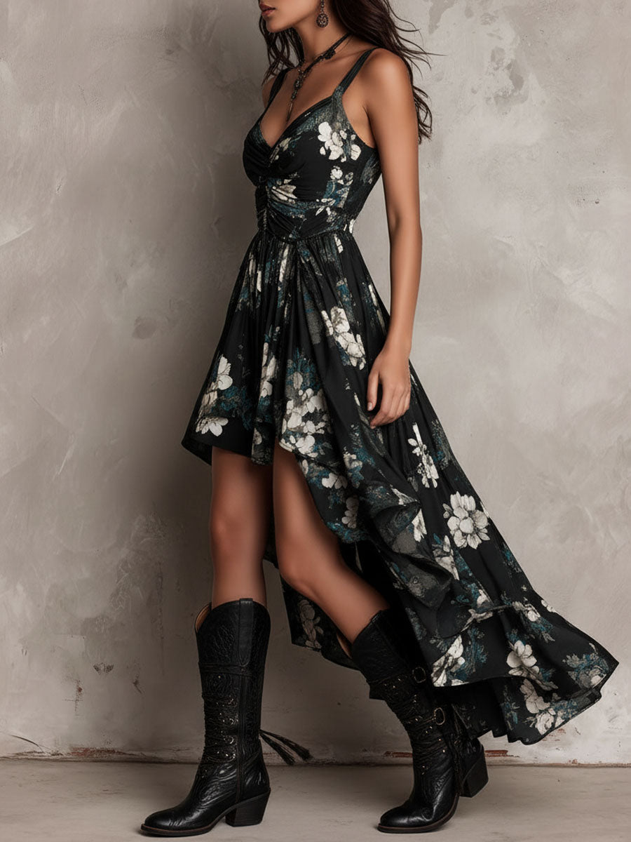 Meza - Vestido Maxi sem Alças Com Um Padrão Floral Boémio