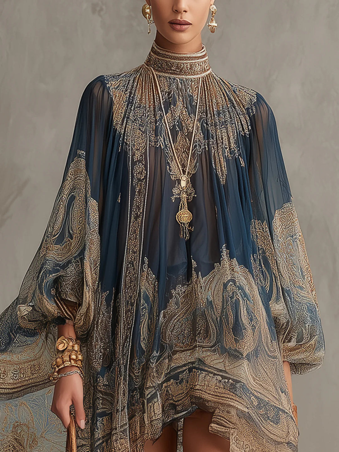 Rhean - Mini-vestido Em Chiffon Com Estampado Barroco Dourado