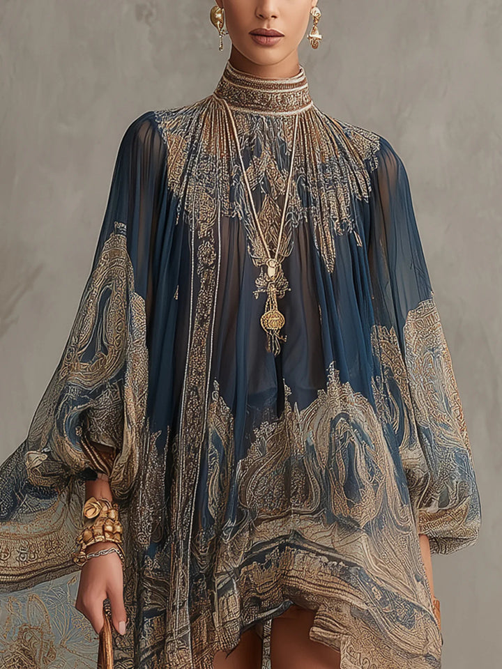 Rhean - Mini-vestido Em Chiffon Com Estampado Barroco Dourado