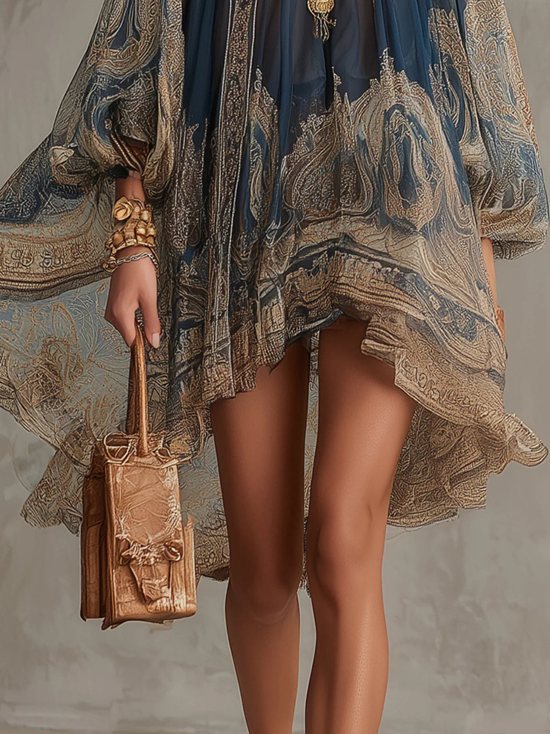 Rhean - Mini-vestido Em Chiffon Com Estampado Barroco Dourado