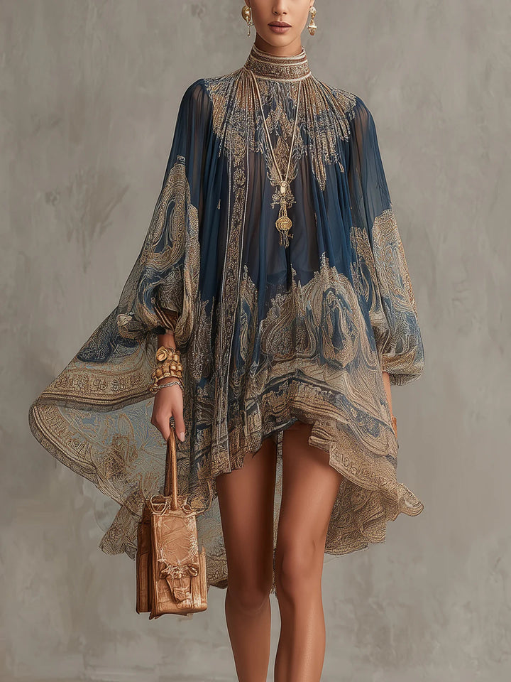 Rhean - Mini-vestido Em Chiffon Com Estampado Barroco Dourado