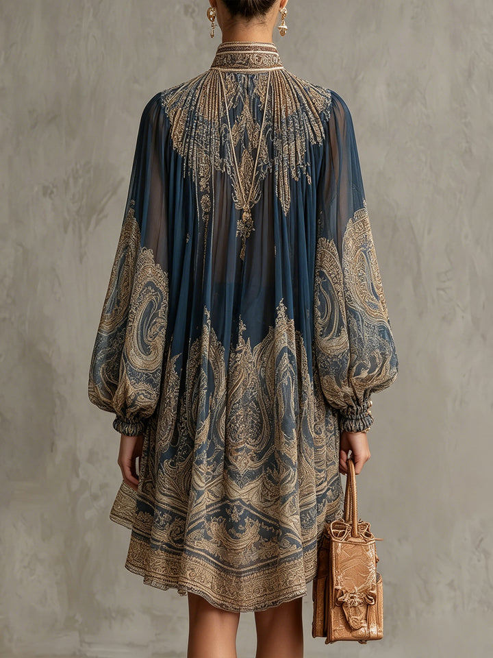 Rhean - Mini-vestido Em Chiffon Com Estampado Barroco Dourado
