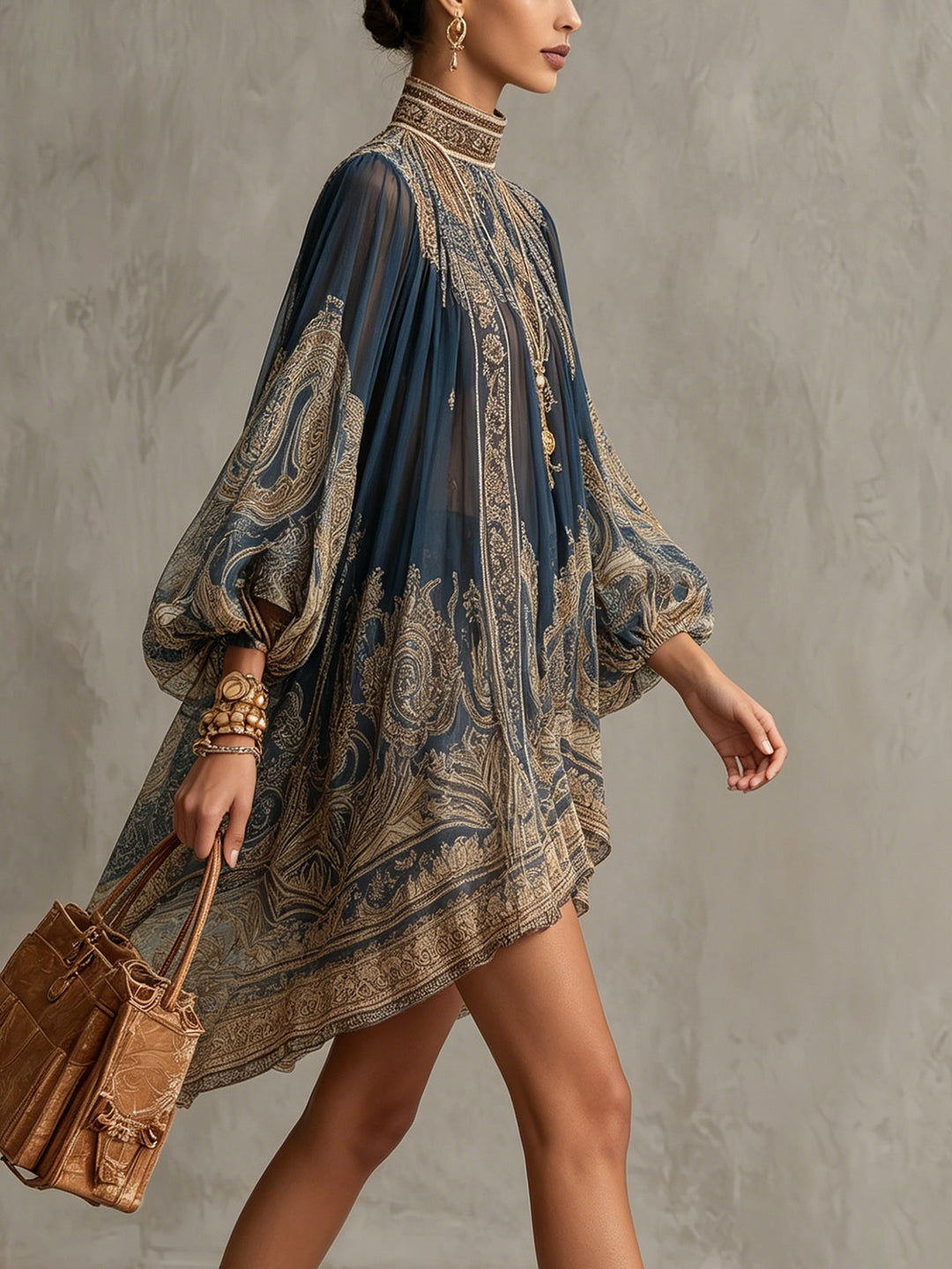 Rhean - Mini-vestido Em Chiffon Com Estampado Barroco Dourado