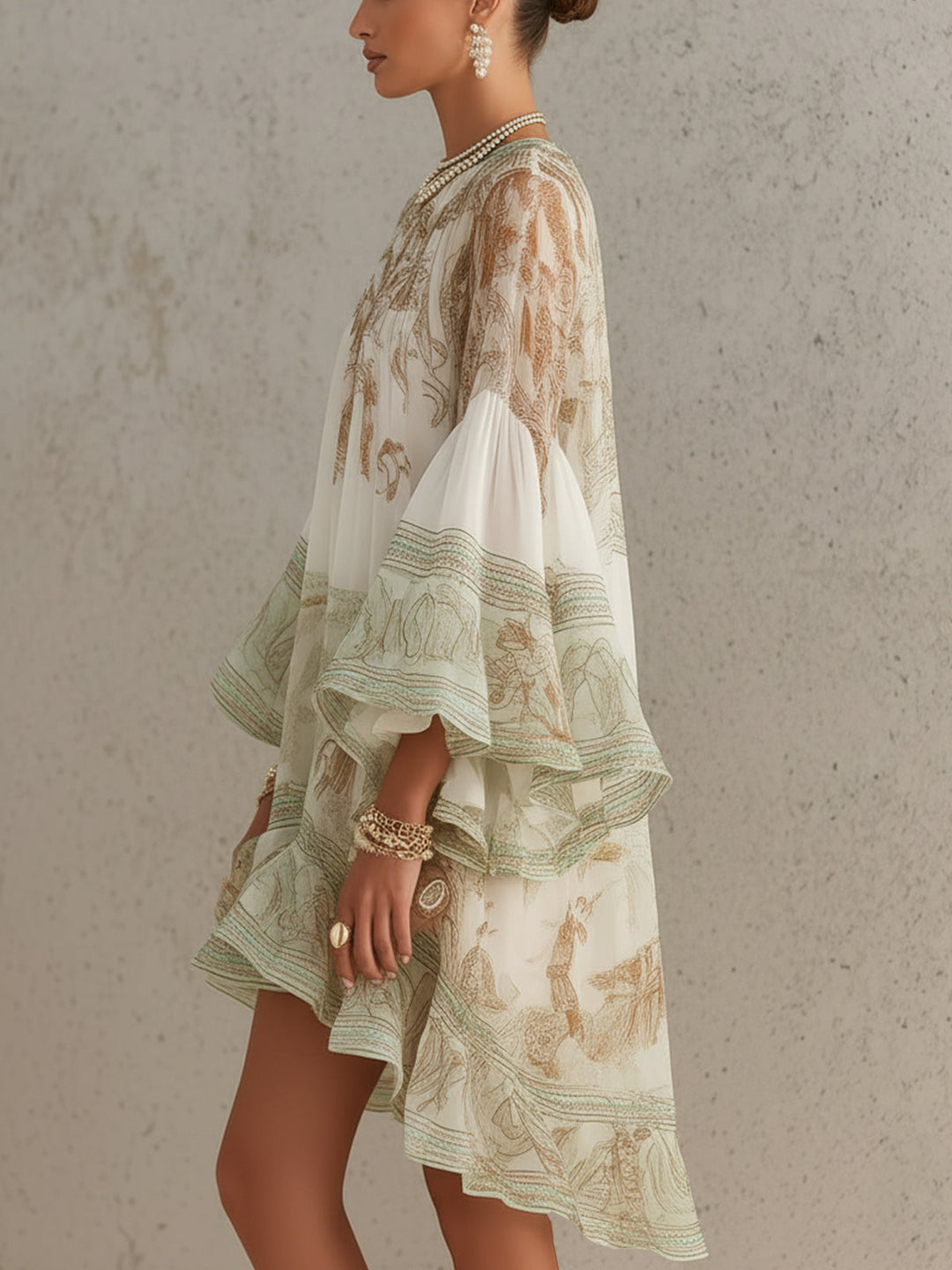 Reba - Mini-vestido Em Chiffon Com Estampado Barroco E Folhos Em Cascata