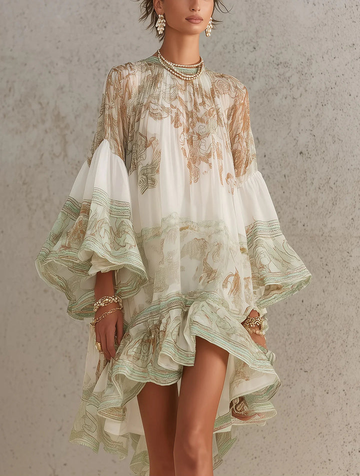 Reba - Mini-vestido Em Chiffon Com Estampado Barroco E Folhos Em Cascata