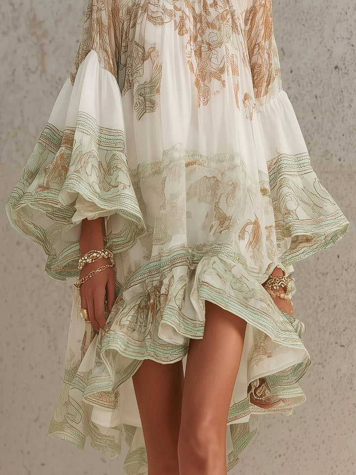 Reba - Mini-vestido Em Chiffon Com Estampado Barroco E Folhos Em Cascata