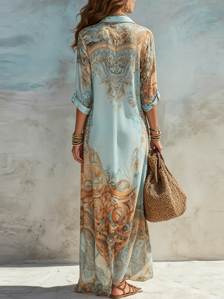 Kristien - Vestido camisa maxi com Estampado e Botões na Frente