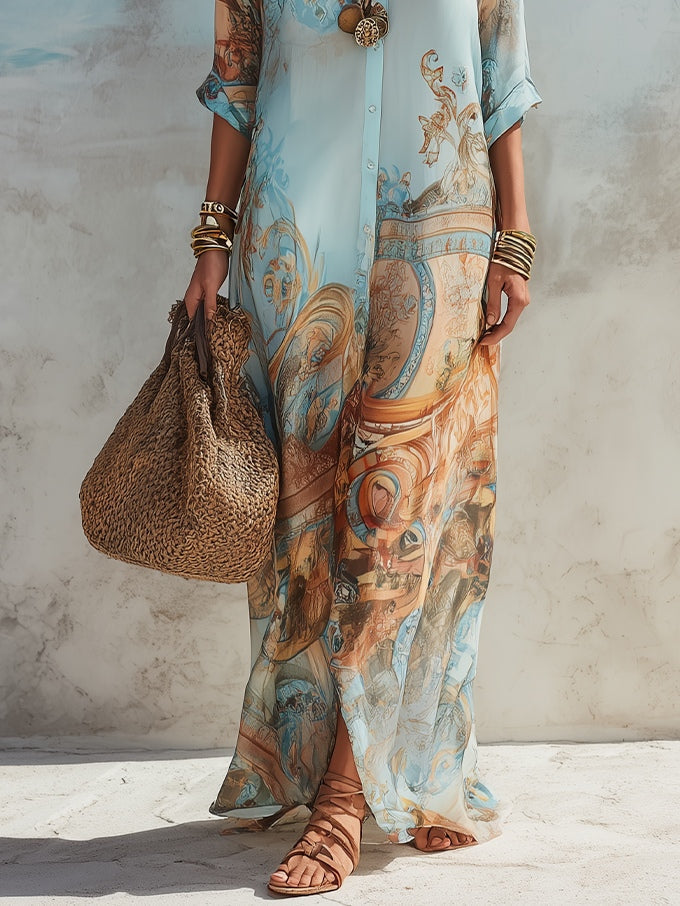 Kristien - Vestido camisa maxi com Estampado e Botões na Frente