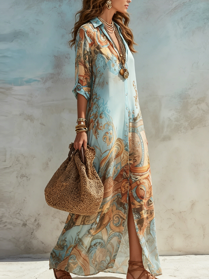 Kristien - Vestido camisa maxi com Estampado e Botões na Frente