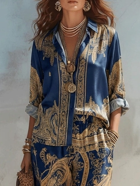 Jyllia - Fato De Duas Peças Em Cetim Com Estampado Barroco Dourado