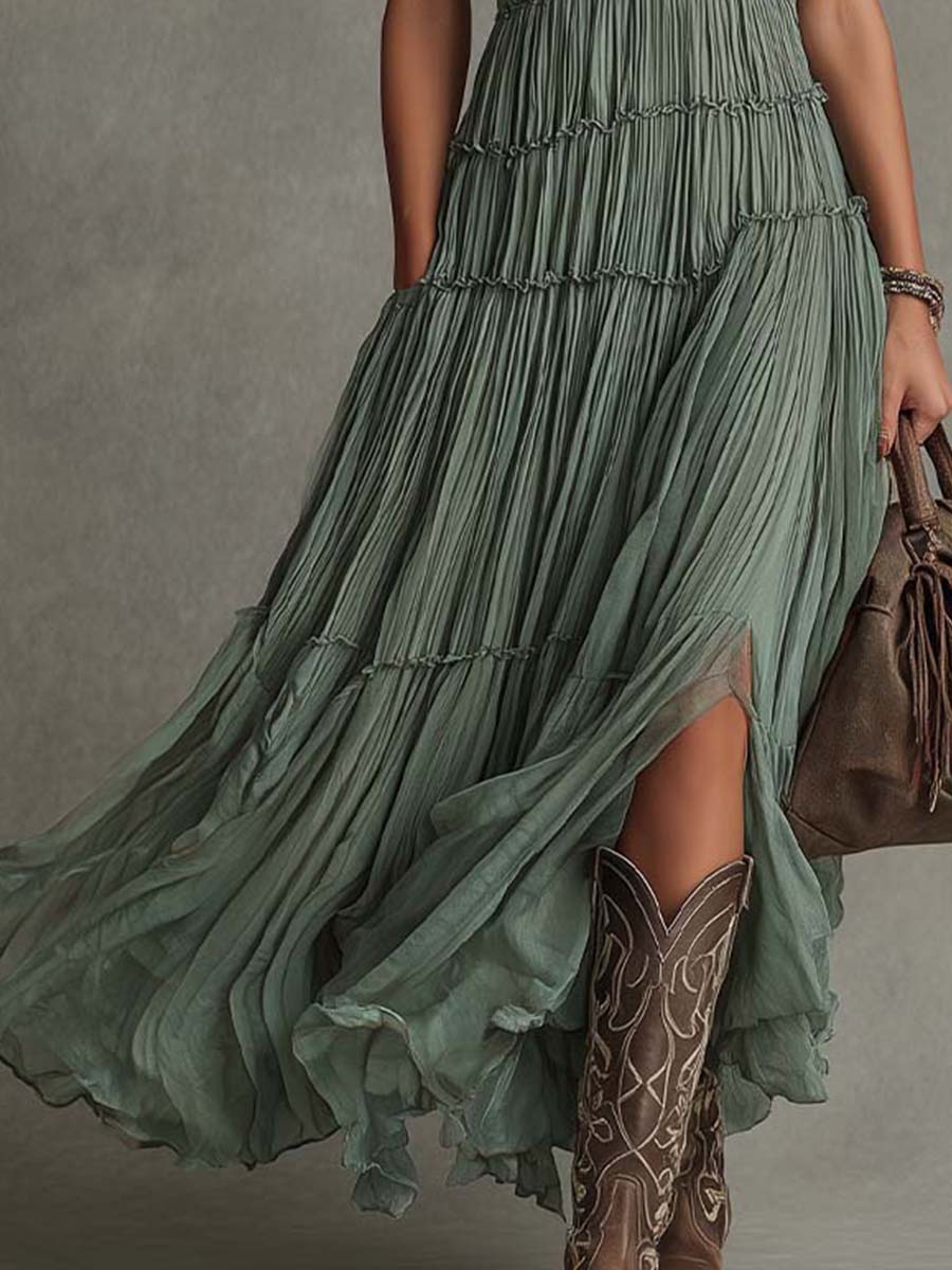 Sirikun - Vestido Maxi De Chiffon Plissado Com Decote Em V, Em Verde Sálvia