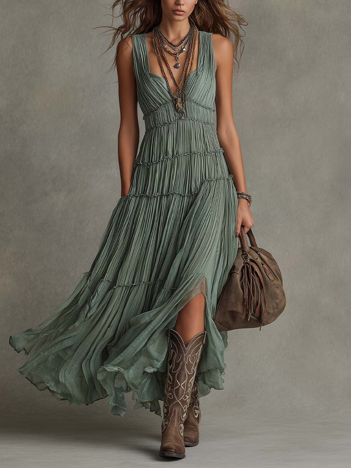Sirikun - Vestido Maxi De Chiffon Plissado Com Decote Em V, Em Verde Sálvia