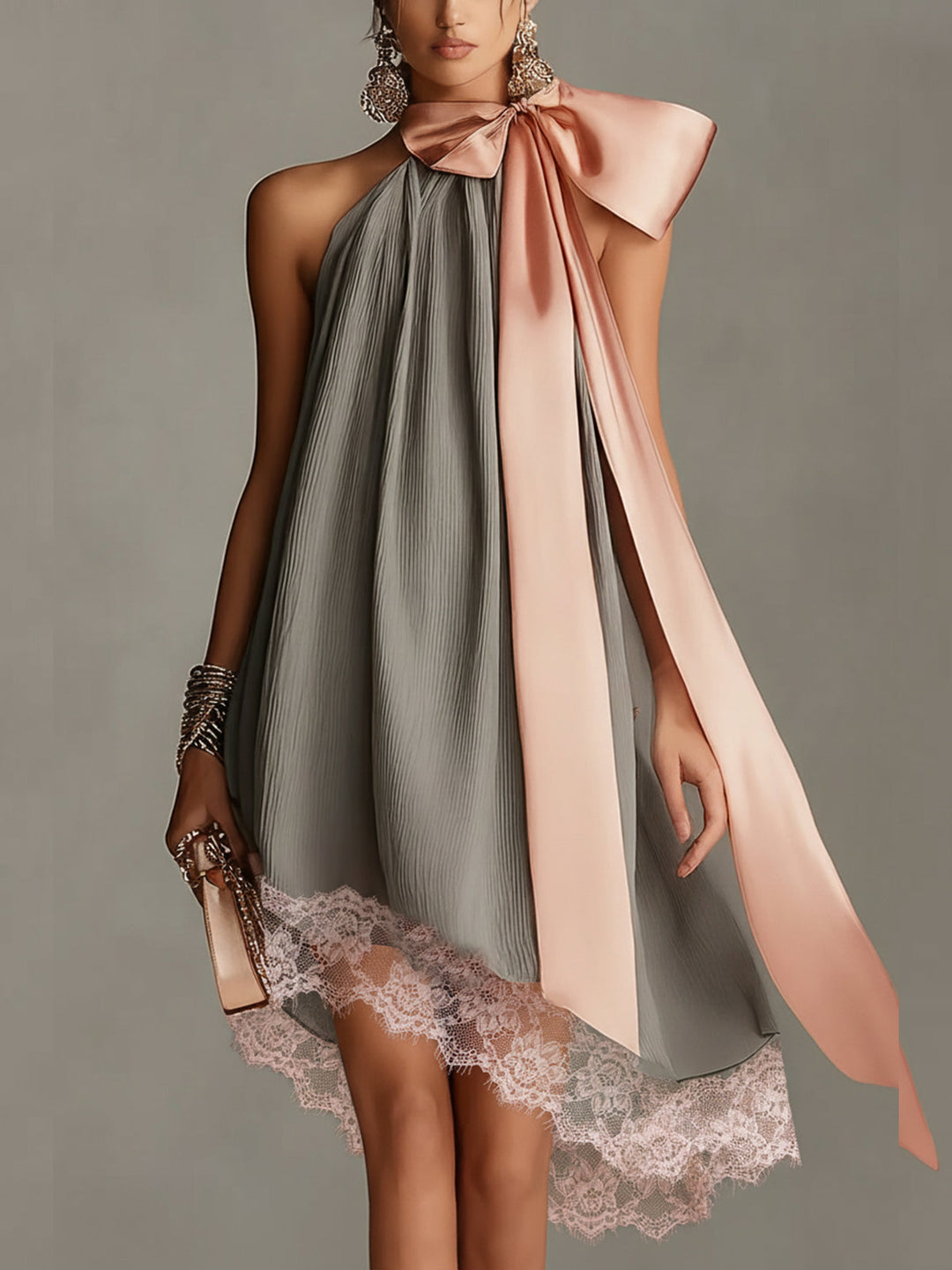 Robin - Mini-vestido De Cetim Com Um Laço Rosa E Renda