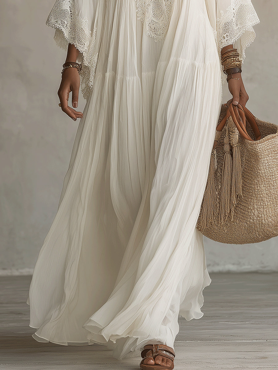 Shimmila - Vestido Maxi De Chiffon Com Mangas Em Forma De Asa De Morcego e Renda