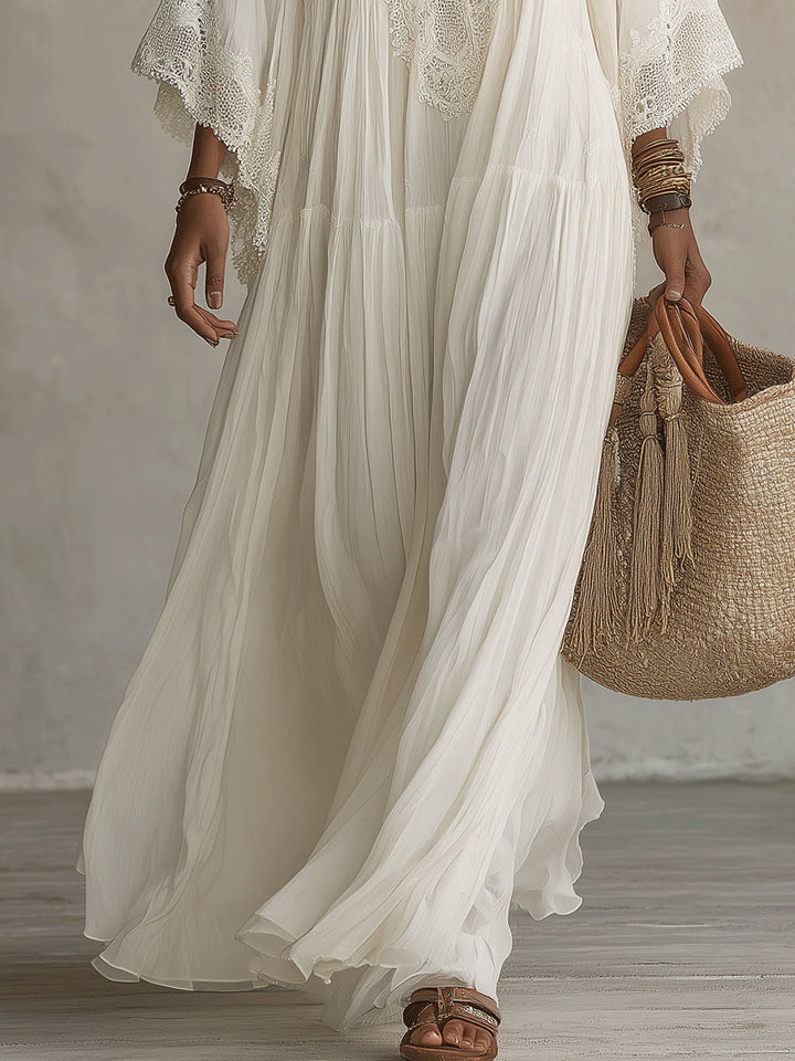 Shimmila - Vestido Maxi De Chiffon Com Mangas Em Forma De Asa De Morcego e Renda