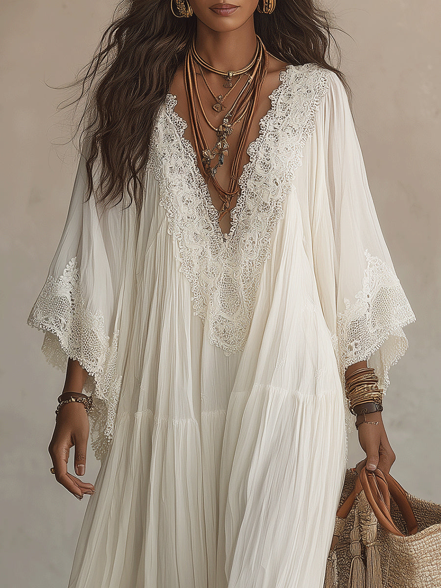 Shimmila - Vestido Maxi De Chiffon Com Mangas Em Forma De Asa De Morcego e Renda