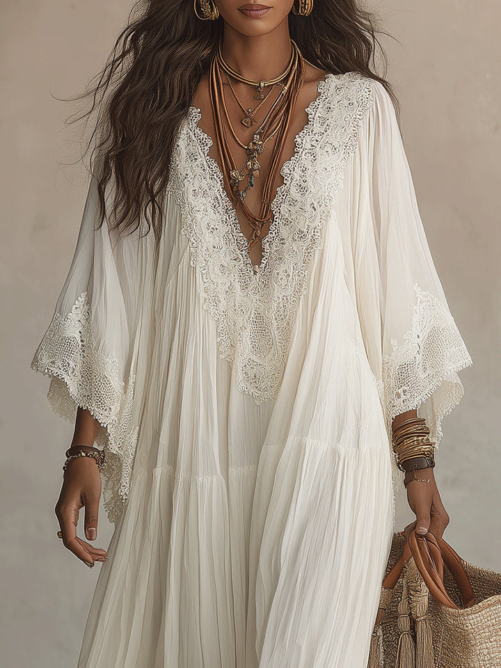 Shimmila - Vestido Maxi De Chiffon Com Mangas Em Forma De Asa De Morcego e Renda