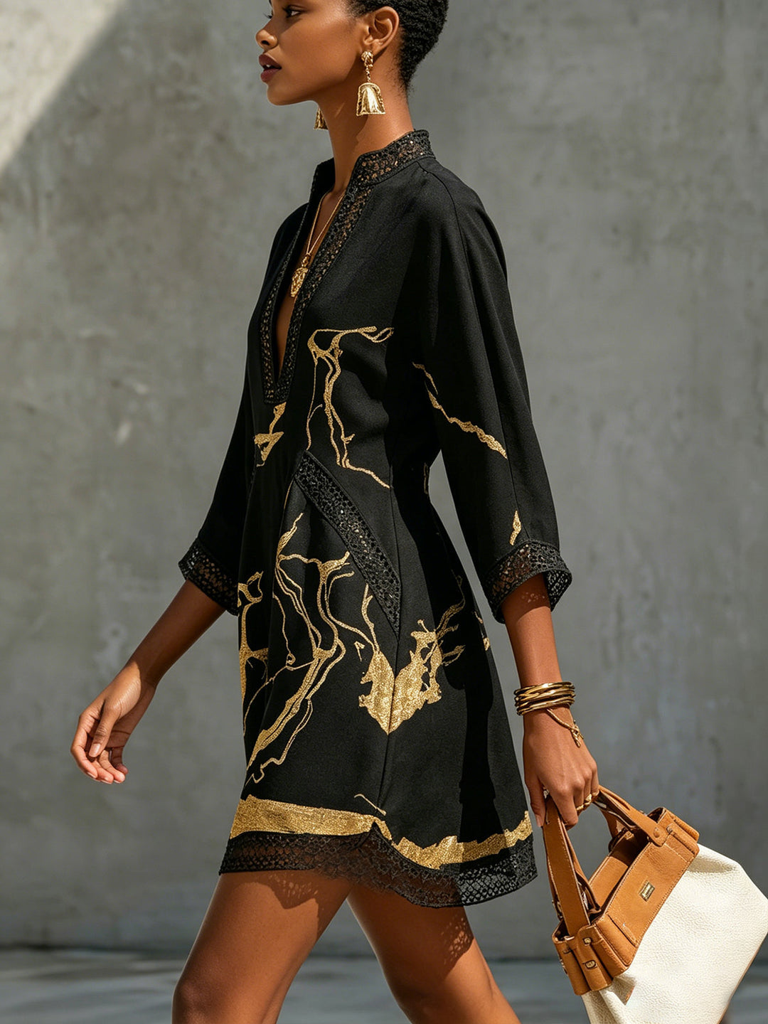 Arlinen - Mini-vestido Com Estampado De Mármore Dourado E Renda De Croché