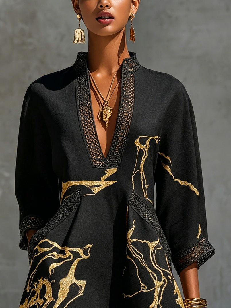 Arlinen - Mini-vestido Com Estampado De Mármore Dourado E Renda De Croché