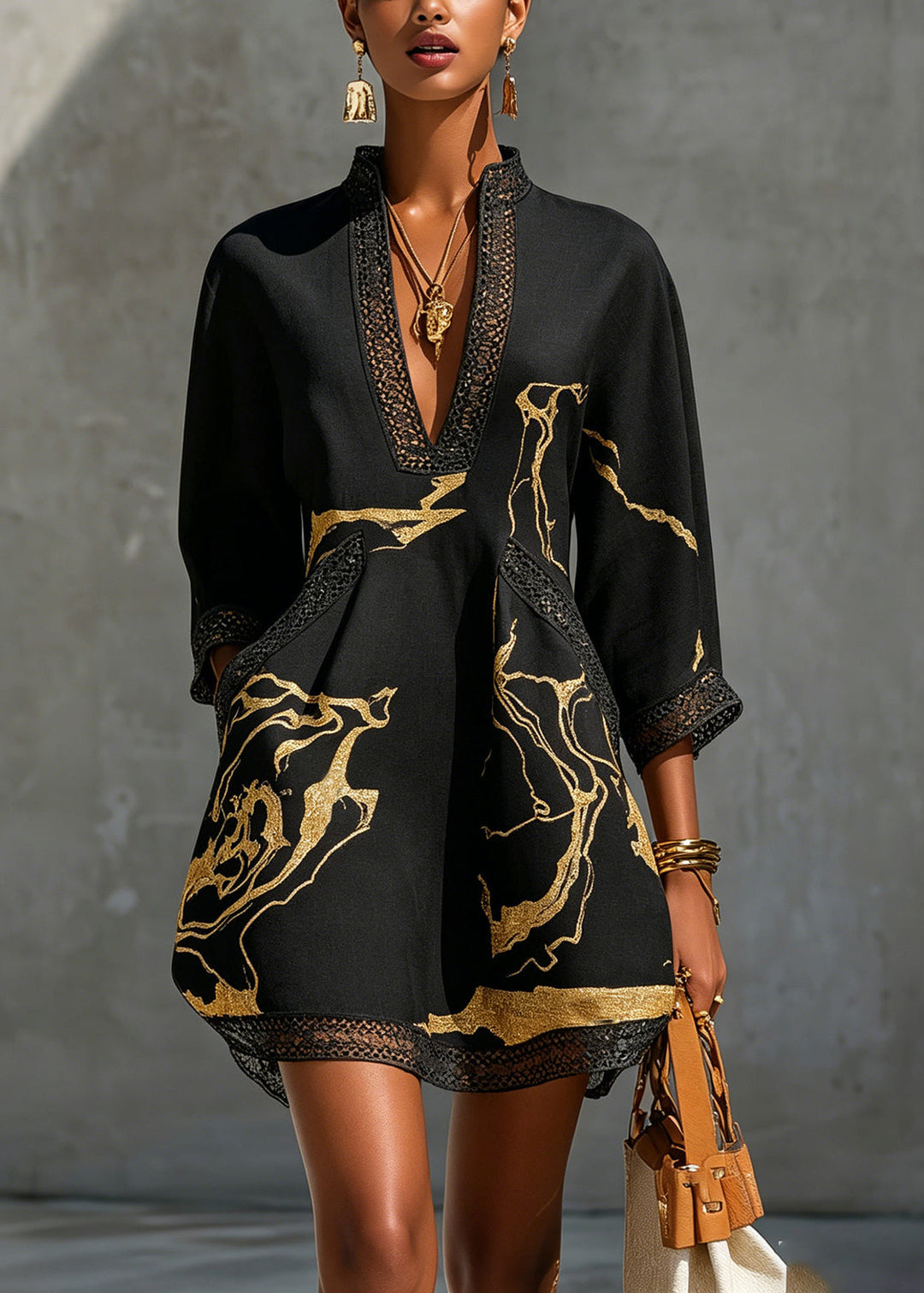 Arlinen - Mini-vestido Com Estampado De Mármore Dourado E Renda De Croché