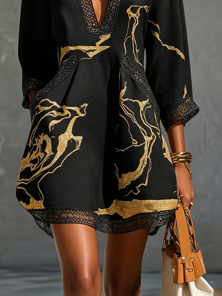 Arlinen - Mini-vestido Com Estampado De Mármore Dourado E Renda De Croché