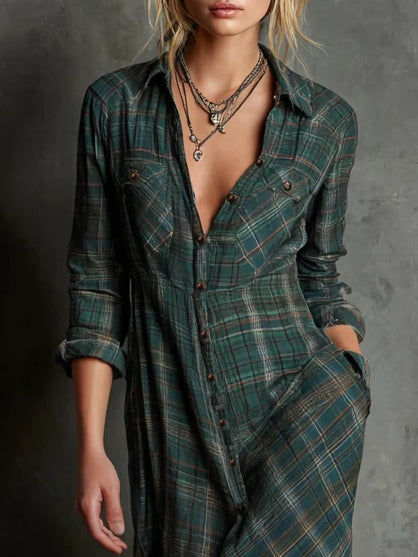 Jaelyn - Vestido Maxi Com Lapelas Xadrez Verdes